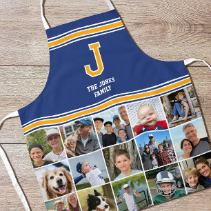 Photo Collage Family Monogrammed Navy Gold Apron