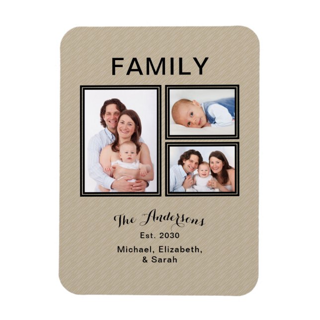 Photo Collage Family Name Modern Sand Beige Magnet (Vertical)