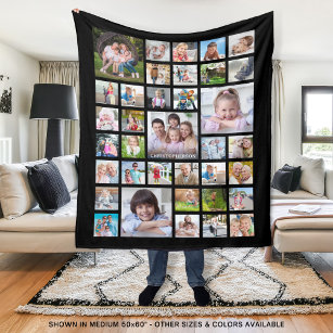 Photo Collage Family Name or Title Black Fleece Blanket