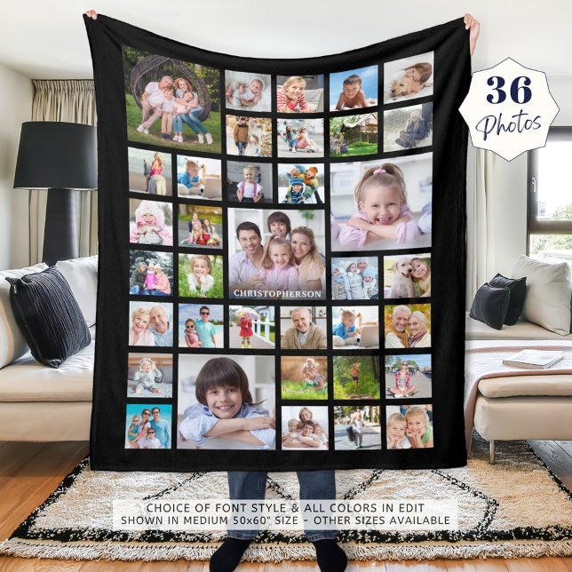 Photo Collage Family Name or Title Black Fleece Blanket (Creator Uploaded)