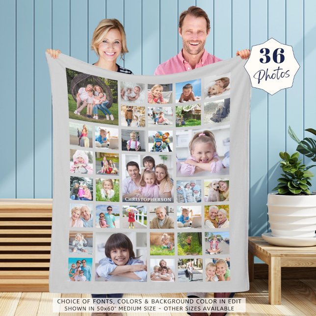 Photo Collage Family Name or Title Grey Fleece Blanket (Creator Uploaded)