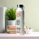 Photo collage family name sage green water bottle<br><div class="desc">Personalise and add 9 photos of family,  friends,  pets.  Add your first name and family name white letters. Sage green background</div>