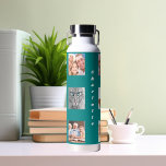 Photo collage family name teal water bottle<br><div class="desc">Personalise and add 9 photos of family,  friends,  pets.  Add your first name and family name white letters. A teal,  green background</div>