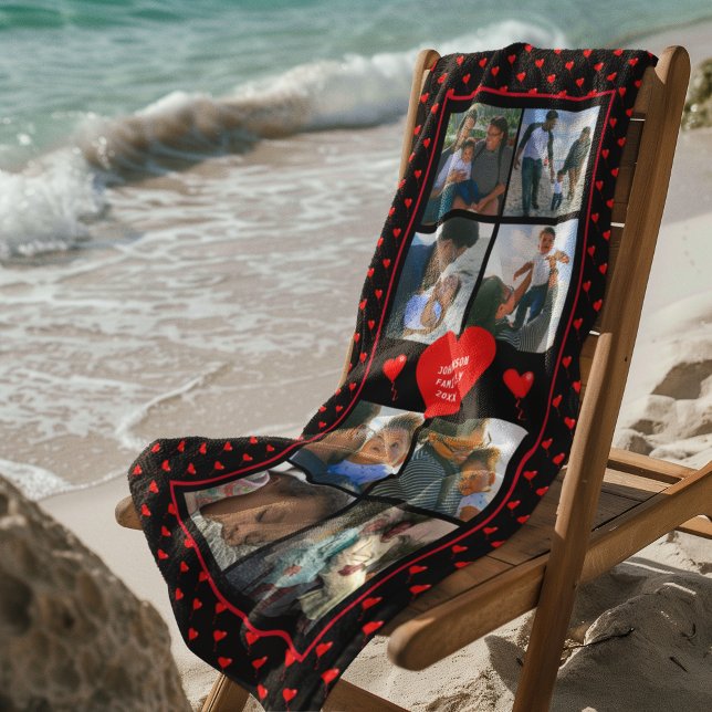 Photo Collage Family Personalised Red Heart & Name Beach Towel (Photo Collage Family Personalized Red Heart & Name Beach Towel)
