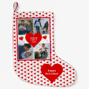Photo Collage Family Personalised Red Hearts Small Christmas Stocking