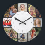 Photo Collage Family Pictures Round Large Clock<br><div class="desc">Eight of your favourite photos surround a simple clock face in black and white.  Makes a lovely keepsake gift for family members.</div>