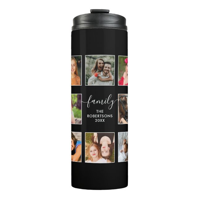 Photo Collage Family Script Black and White Thermal Tumbler (Front)