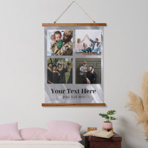 Photo Collage - Family Text On Bottom - White Hanging Tapestry