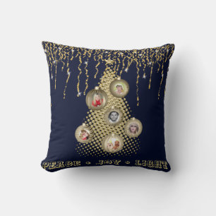 Photo Collage Family Tree Decorative Navy Gold Cushion