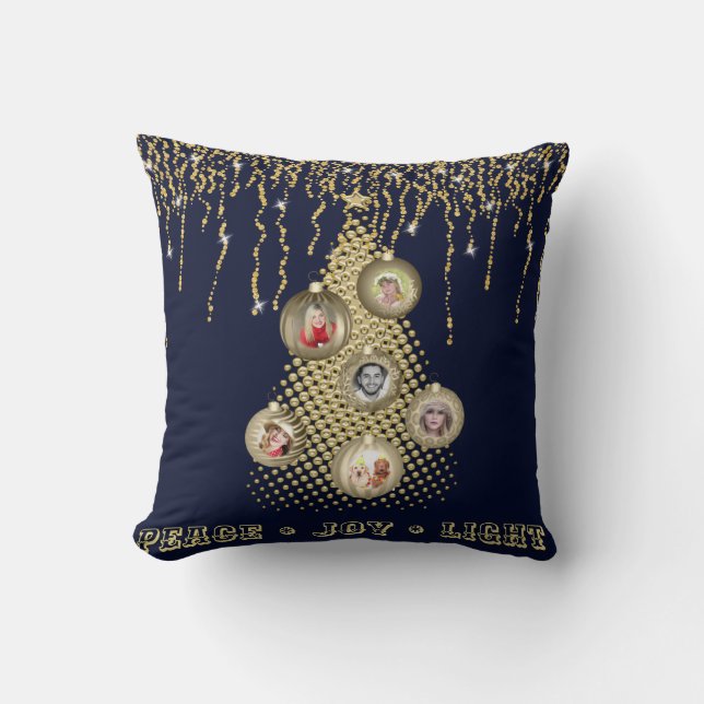 Photo Collage Family Tree Decorative Navy Gold Cushion (Front)