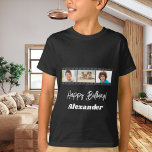 Photo collage film name birthday boy black T-Shirt<br><div class="desc">For a black/dark t-shirt. Personalise and add a name and 3 photos inside the film roll frame. White text.</div>