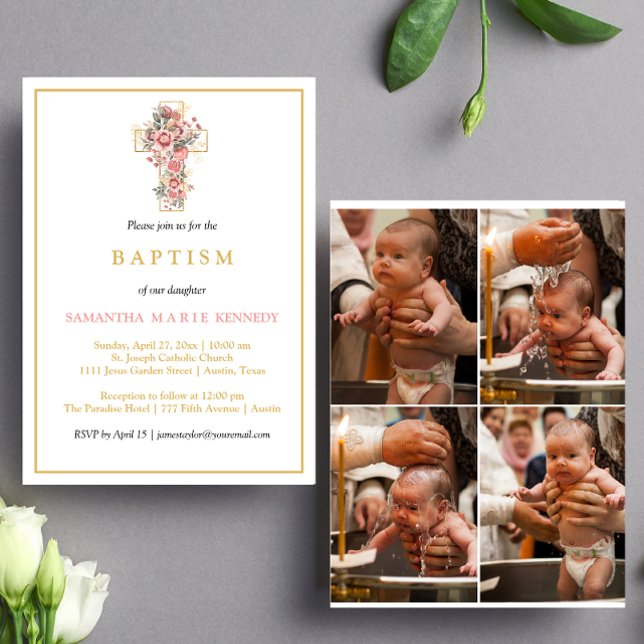 Photo Collage Floral Cross Gold Script Baptism  Invitation (Creator Uploaded)