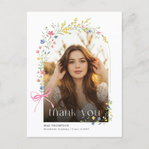 Photo Collage Floral Pink Bow Graduation Thank You Postcard