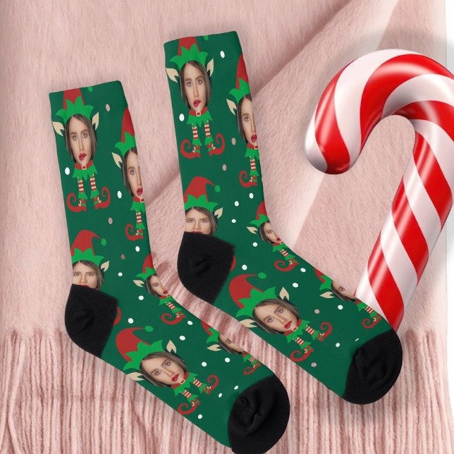 Photo Collage Funny Face Christmas Elf Socks (Photo Collage Funny Face Christmas Elf Socks by Ricaso. Add your own face, female elf outfit. )