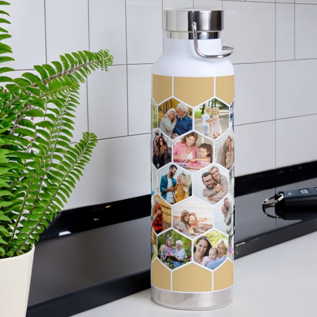 Photo Collage Geometric Hexagon 28 Picture 22oz Water Bottle (Insulated water bottle 28 of your favorite pics in honey beige hexagon honeycomb pattern)
