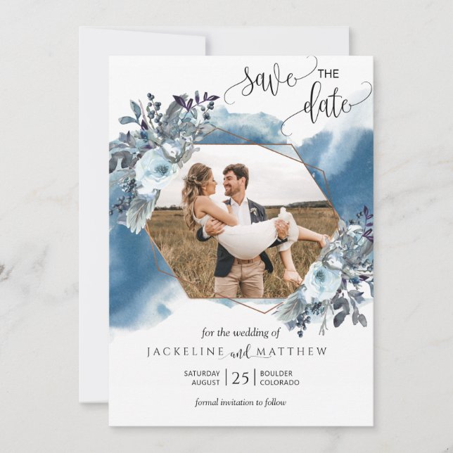 Photo Collage, Geometrical Blue Watercolor Save The Date (Front)
