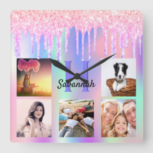 Photo collage glitter pink rainbow holographic square wall clock