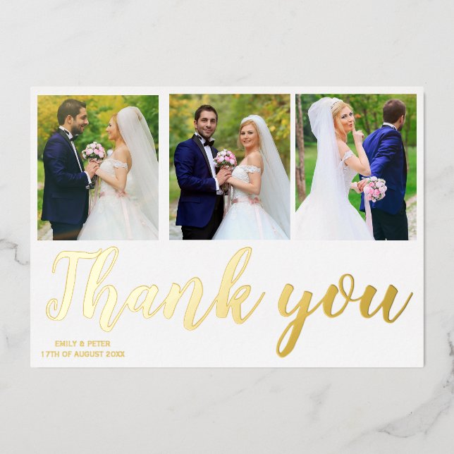 Photo collage gold foil wedding thank you card (Front)