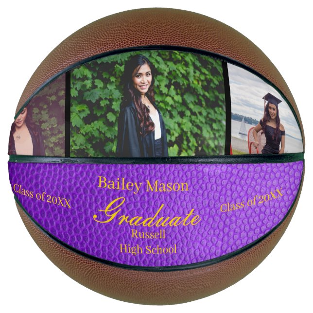 Photo Collage Gold Purple Graduation Basketball (Front)