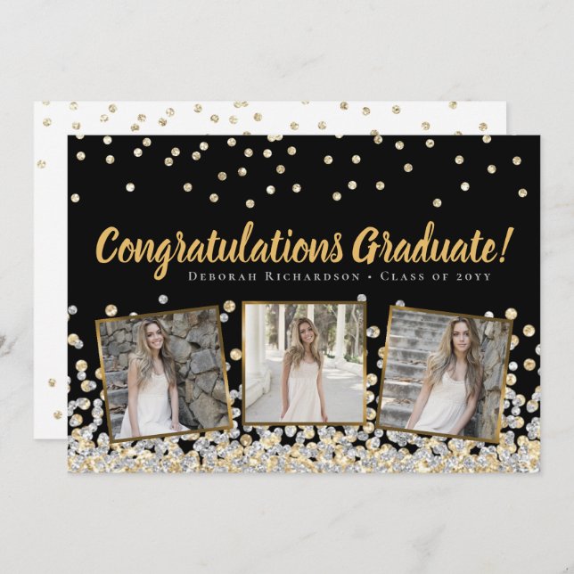 Photo Collage Gold Silver Confetti Graduation Card (Front/Back)