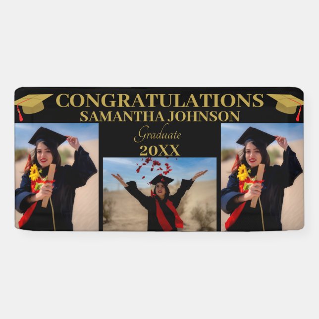 Photo Collage Gold Text Graduate Black Banner (Horizontal)