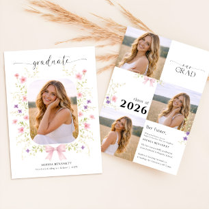 Photo Collage Graduation Modern Pink Bow Announcement