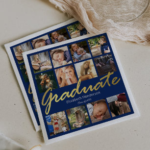 Photo Collage Graduation Party Blue Gold Napkin