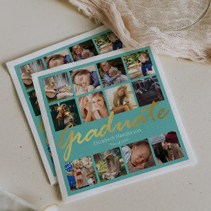 Photo Collage Graduation Party Teal Gold Napkin