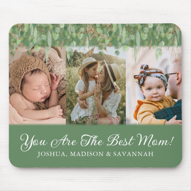 Photo Collage Green and Gold Best Mum Mouse Pad (Front)