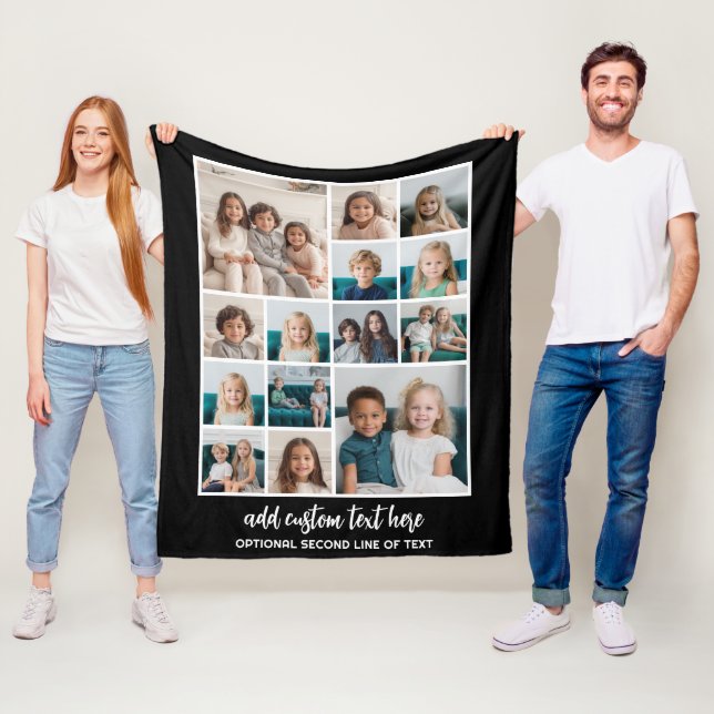 Photo Collage Grid - 14 photos script - black Fleece Blanket (In Situ)