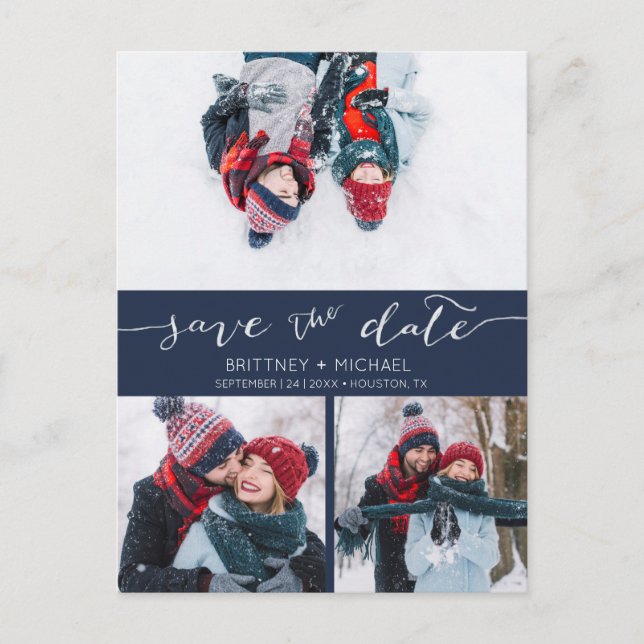 Photo Collage Handwritten Save the Date Navy Blue Announcement Postcard (Front)