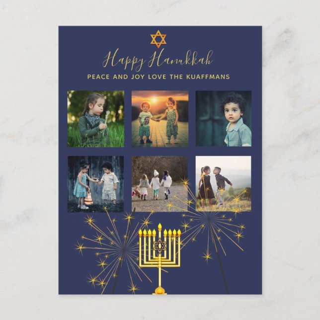 Photo Collage Hanukkah Postcards Modern Sparklers (Front)