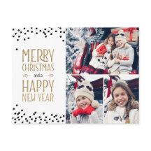 Photo Collage Holiday Card Design White Black Gold