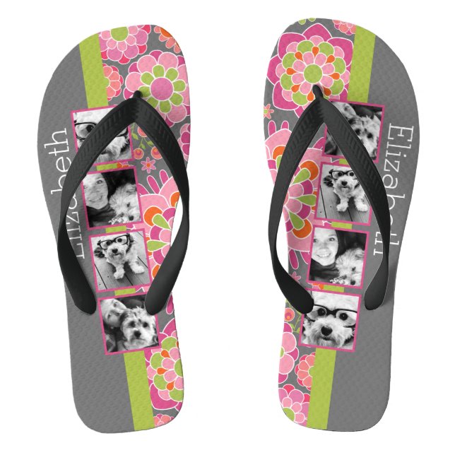 Photo Collage Hot Pink and Orange Flowers Thongs (Footbed)
