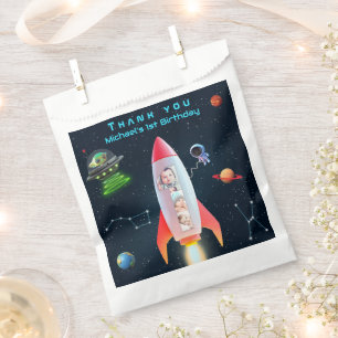 Photo Collage Huge One   1st Birthday Rocket Space Favour Bag