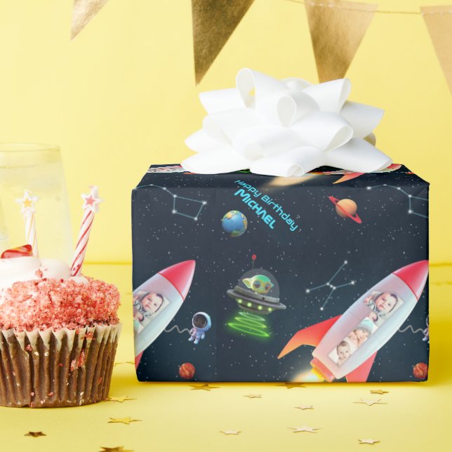 Photo Collage Huge One | Space Rocket 1st Birthday Wrapping Paper (Birthday Party)