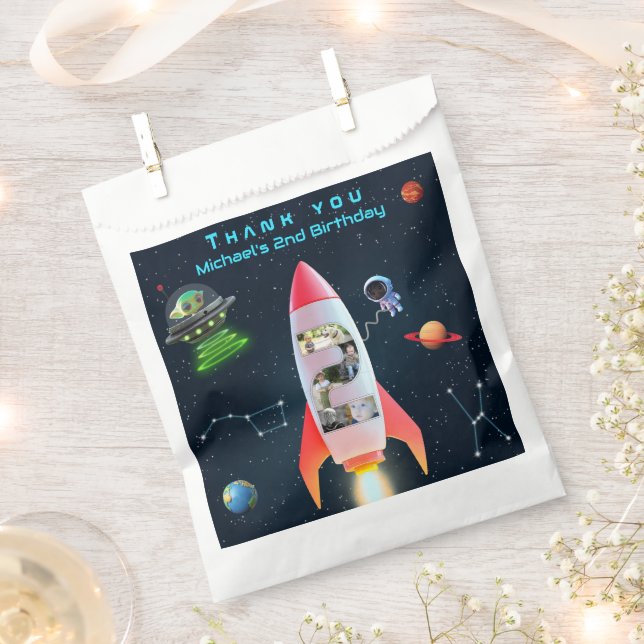 Photo Collage Huge Two | Rocket Space 2nd Birthday Favour Bag (Clipped)