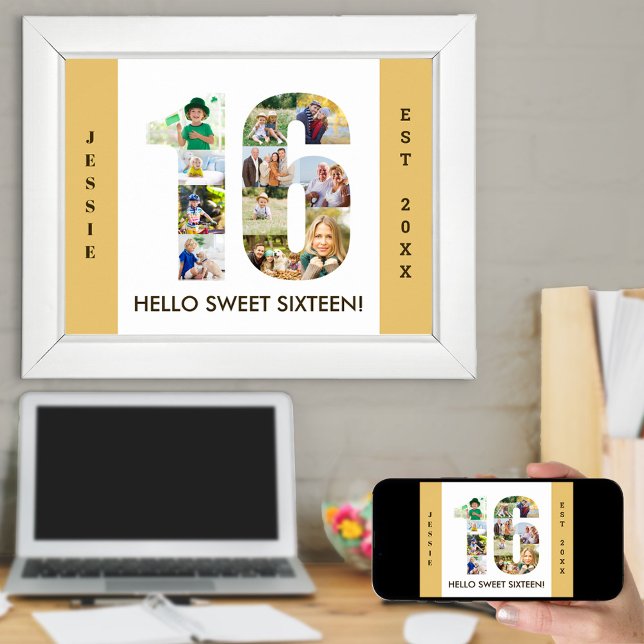 Photo Collage in Number 16 Neutral 16th Birthday Poster (Creator Uploaded)