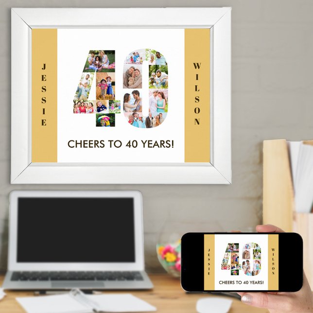 Photo Collage in Number 40 Neutral 40th Birthday Poster (Creator Uploaded)