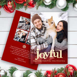 Photo Collage Joyful Bold Type Christmas Red Real Foil Holiday Card