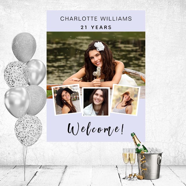 Photo collage lavender birthday party welcome poster (Creator Uploaded)