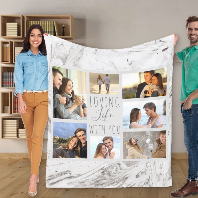 Photo Collage Loving Life with You Grey Marble Fleece Blanket (Creator Uploaded)