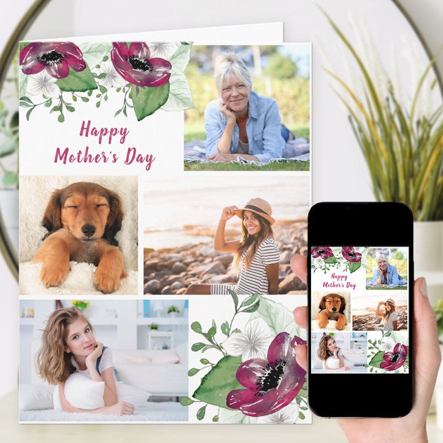 Photo Collage Magenta Floral Editable Card (Creator Uploaded)