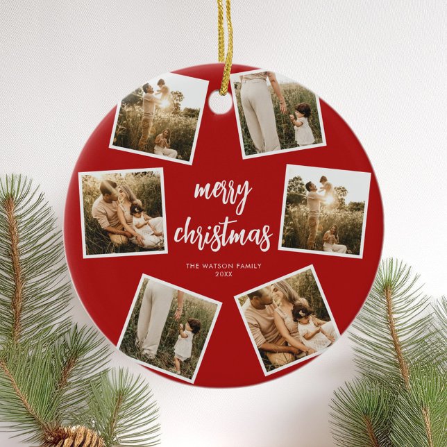 Photo Collage Merry Christmas Ceramic Ornament (Creator Uploaded)