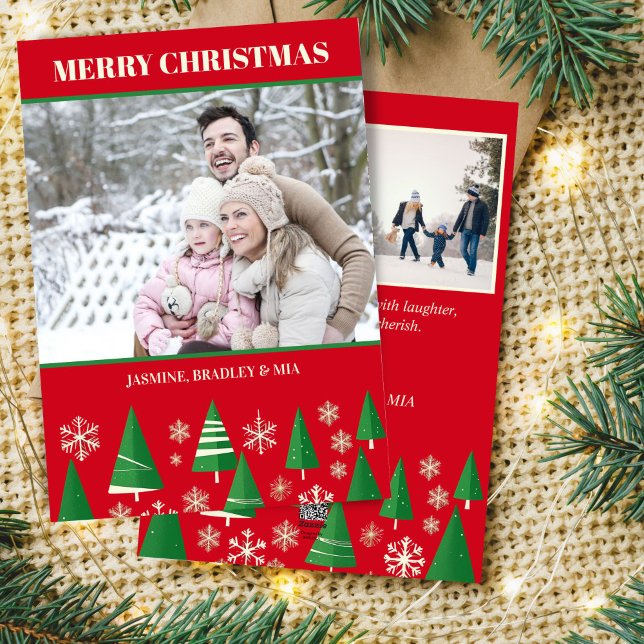 Photo collage Merry Christmas red green retro tree Holiday Card (Merry Christmas photo collage red and retro style green trees template card digital download  )