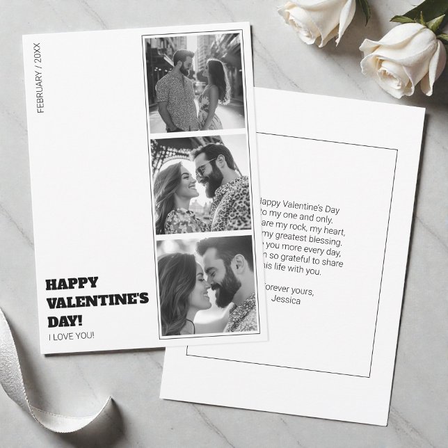 Photo Collage Modern Black and White Valentine Holiday Card (Love Valentines Day Black and White Photo Collage Holiday Card)