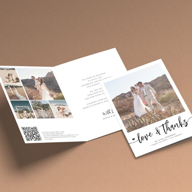Photo collage modern black and white wedding thank you card (Creator Uploaded)