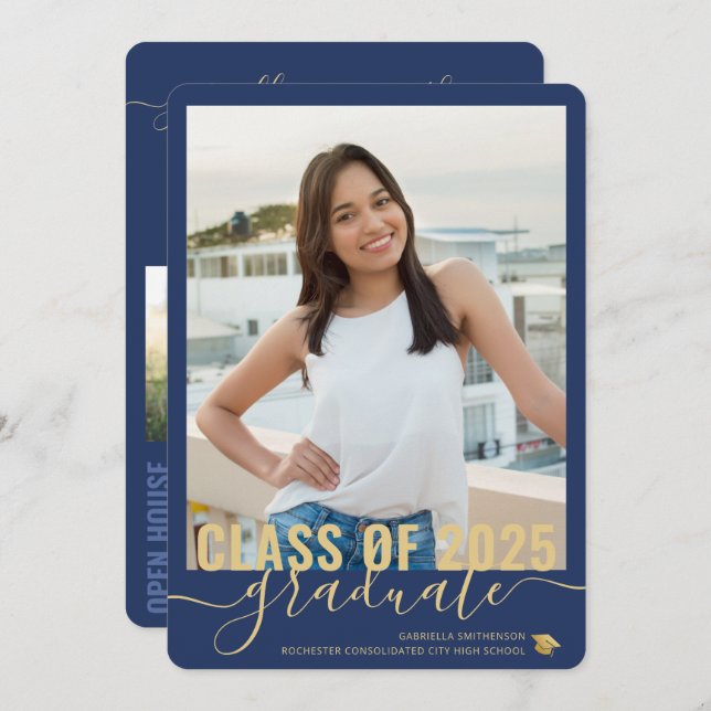 Photo Collage Modern Blue Graduation Open House Announcement (Front/Back)