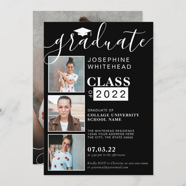 Photo Collage Modern Graduation Party Black 2022 Invitation (Front/Back)