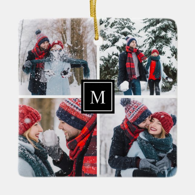 Photo Collage Modern Monogram Ceramic Ornament (Front)